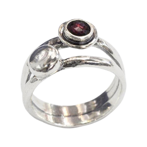 Layered Stacked Look Sterling Silver Ring with Garnet