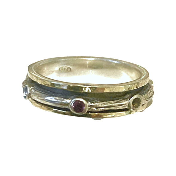 Dainty Narrow Meditation Band with Stones in Sterling Silver and Gold