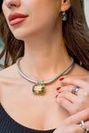 Gold Faux Leather Necklace With Crystal Pendant