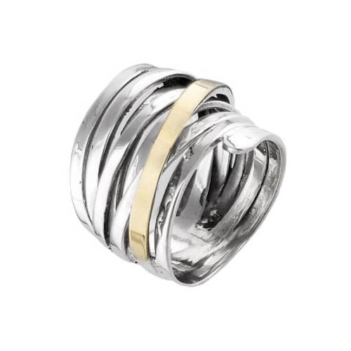 Wide sterling silver and gold band. Artisan silver ring